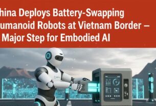 Humanoid robot in China performing autonomous battery swapping at a border checkpoint, illustrating advances in embodied AI technology.