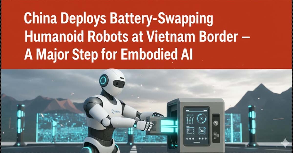 Humanoid robot in China performing autonomous battery swapping at a border checkpoint, illustrating advances in embodied AI technology.