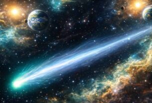 Interstellar comet 3I/ATLAS traveling through deep space with a bright tail and distant planets