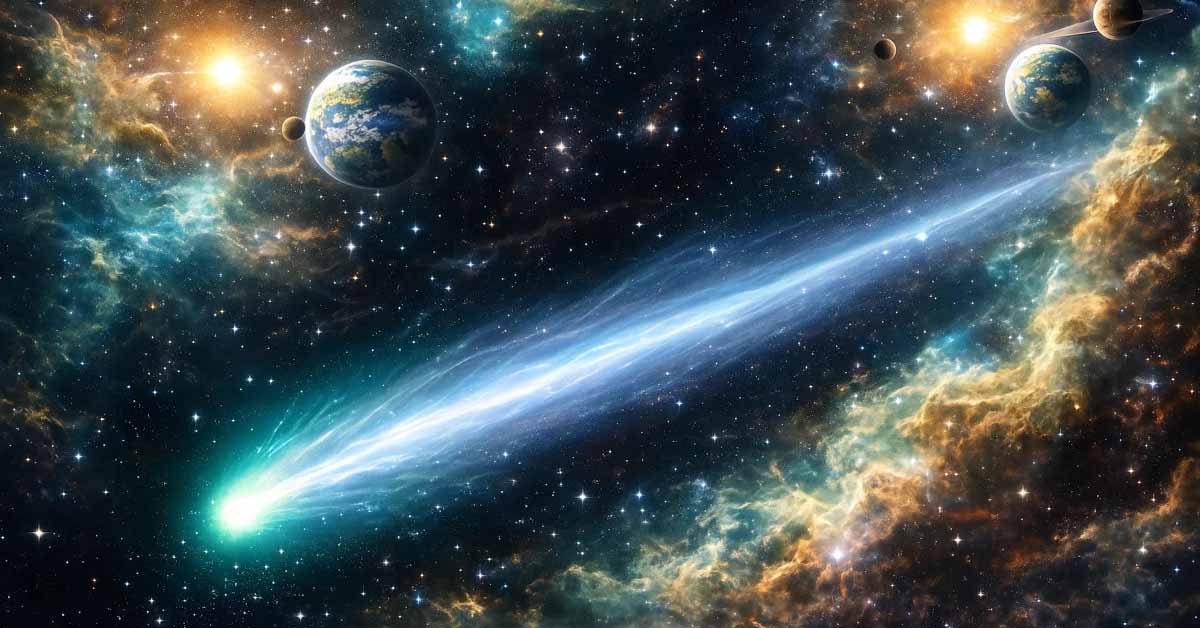 Interstellar comet 3I/ATLAS traveling through deep space with a bright tail and distant planets