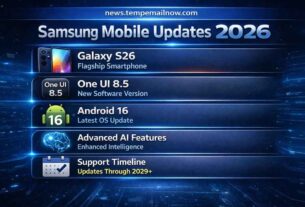 Samsung mobile updates 2026 showing Galaxy S26, One UI 8.5, Android 16, AI features, and long-term support