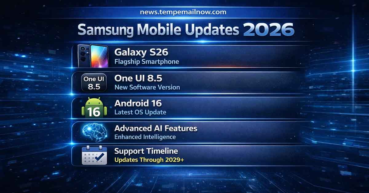 Samsung mobile updates 2026 showing Galaxy S26, One UI 8.5, Android 16, AI features, and long-term support