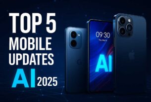 Top 5 Mobile Updates 2025 – Dark futuristic AI smartphone design