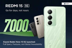 Xiaomi Redmi Note 15 5G launch image showing smartphone design and battery highlight