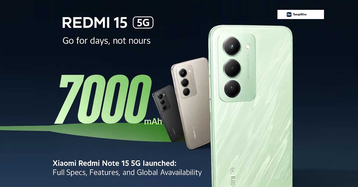 Xiaomi Redmi Note 15 5G launch image showing smartphone design and battery highlight