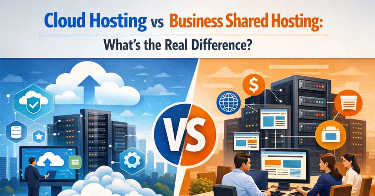 Cloud Hosting vs Business Shared Hosting comparison showing speed, stability, and server performance differences