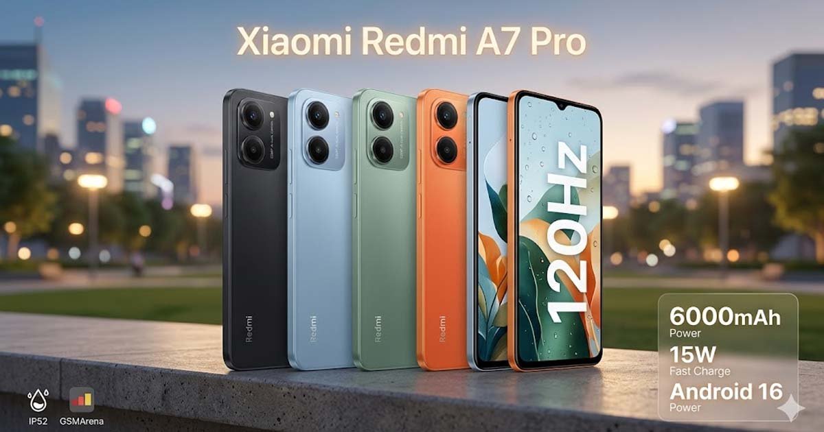 Xiaomi Redmi A7 Pro official colors showing 120Hz display and 6000mAh battery specs